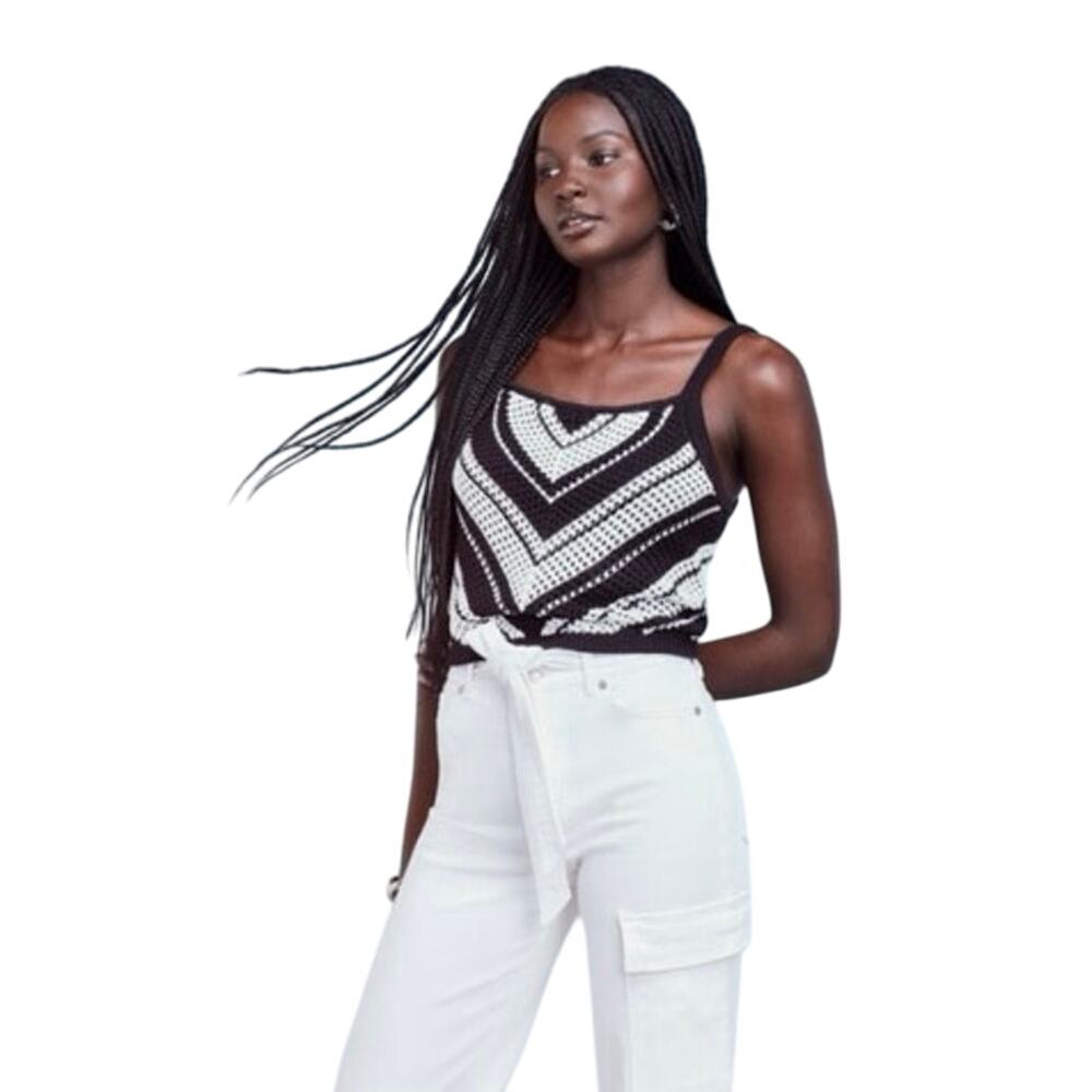 Sofia by Sofia Vergara Women's Pointelle Top, Size L Crochet Black & White New